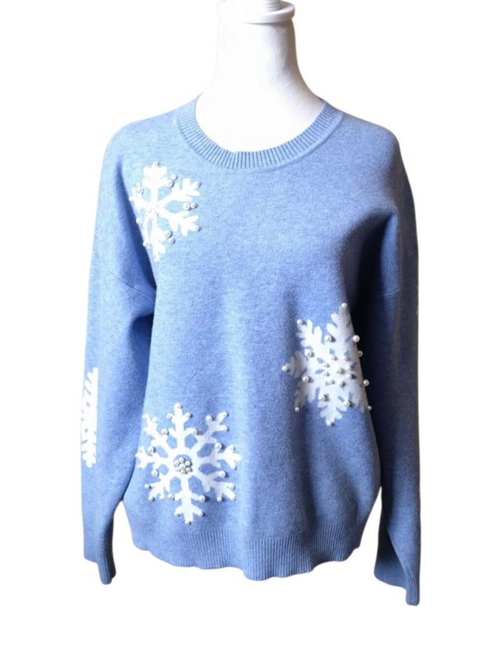 Calligraphie XL Blue Sweater With White Snowflake Pattern Holiday Festive Winter